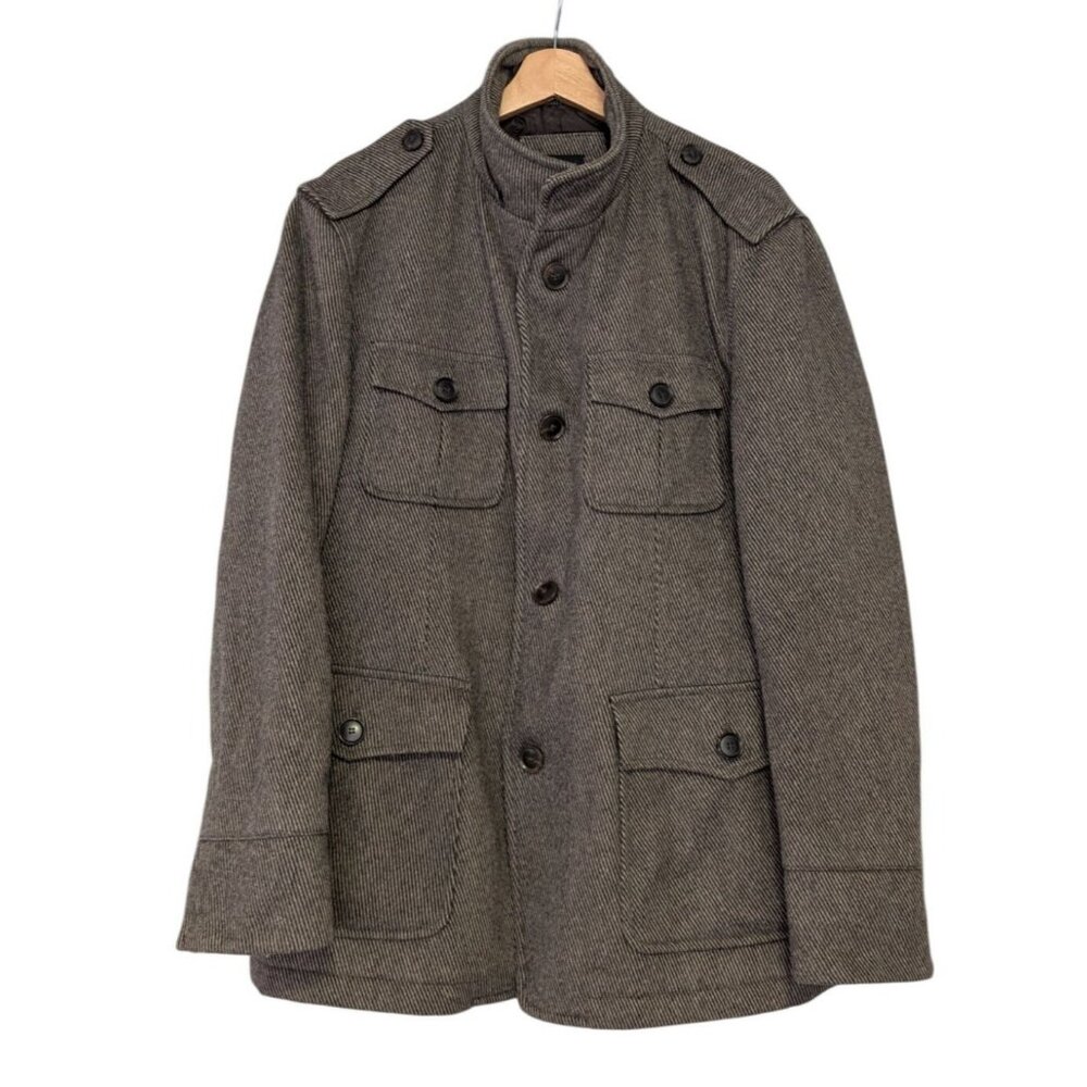Hugo Boss Mens 44R Colbert Wool Blend Field Jacket Grey Tweed Epaulets - Picture 1 of 13